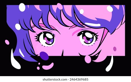 Close-up of anime girl with purple eyes and liquid shapes and blotches around. Print for t-shirts and posters.