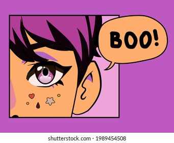 Close-up of the anime personage, a big cartoon eye with long eyelashes. Poster or t-shirt print design template.