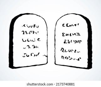 Closeup antique sinai moral decalogue order 2 line slab on white space. outline black ink hand drawn israeli ethic guidance state object logo pictogram concept design in retro art etched cartoon style