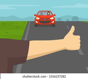 Close-up arm and hand hitchhiking on a road. Country road car driving. Flat vector illustration template.