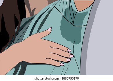 Close-up asian woman with hyperhidrosis sweating. Young asian woman with sweat stain on her clothes against grey background