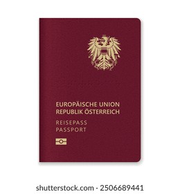 Nahaufnahme eines österreichischen Passdeckels mit goldenem Text und Emblem auf maroonem Hintergrund.