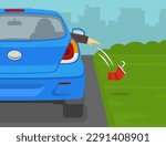 Close-up back view of car passenger throws out a used plastic cup on the ground from the front open window. Flat vector illustration template.