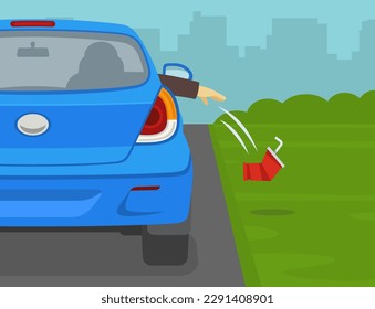 Close-up back view of car passenger throws out a used plastic cup on the ground from the front open window. Flat vector illustration template.