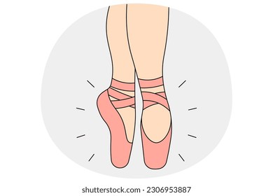 Closeup of ballerina dancing in ballet shoes. Girl in pointe shoe perform dancing movements. Hobby and art. Flat vector illustration.