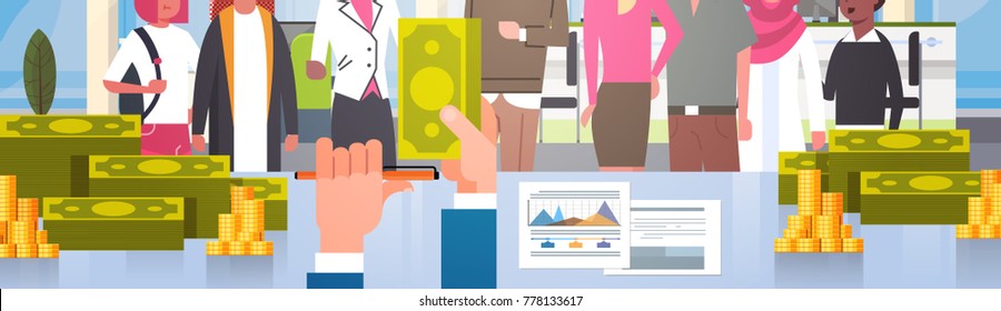 Closeup Banner Of Business Man Boss Giving Money To Mix Race Group Of Businesspeople, Successful Team Salary Or Bonus Concept Flat Vector Illustration