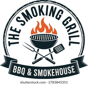 A close-up of a barbecue grill with flames, grilling utensils, and a smoky atmosphere, emphasizing outdoor cooking and barbecue preparation.