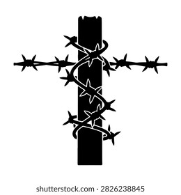 Close-up of a barbed wire fence showing sharp points and twisted barbs on a plain background.