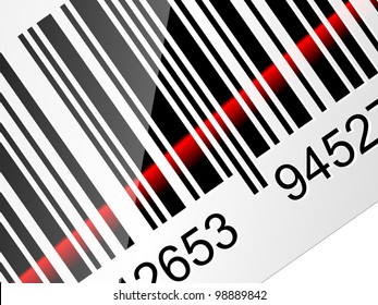 Closeup Barcode sticker with red laser beam. Vector illustration