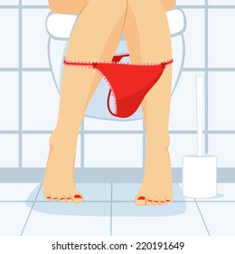 Closeup of barefoot woman legs sitting on toilet with red thong underwear on bathroom