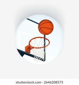 Close-up basquete Hoop com bola no ar. Conceito de pontuação de basquete em estilo plano - Ilustração de vetor