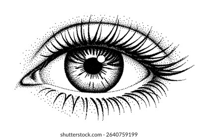 close-up beautiful eye in stippling effect, retro halftone illustration