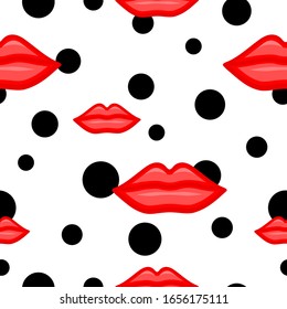 Cierra los hermosos labios con puntos negros sin fisuras. Cosméticos y maquillaje de mujer con pintalabios rojos y brillo.  Ilustración vectorial sobre fondo blanco.