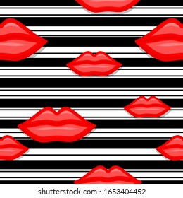 Cierra unos labios hermosos con tiras negras sin fisuras. Cosméticos y maquillaje de mujer con pintalabios rojos y brillo. Ilustración vectorial sobre fondo blanco.