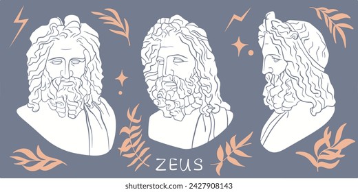 Closeup of beautiful sculpture, gypsum head of a Zeus. Illustration for social media, posters, design template, invitation etc. Vector. Editable vector illustration.