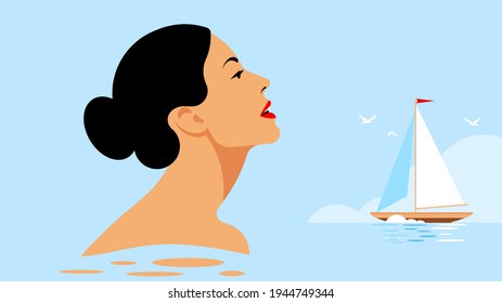 Close-up beautiful woman face against the background of the sea, sailing yacht, white birds. Concept of swimming, sea recreation, coast, tanning, vacation. Modern vector illustration.