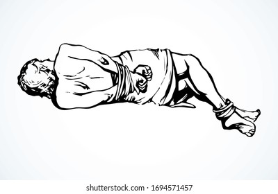 Closeup behind view ancient stress adult restrict string lie arm. Vintage line black drawn evil assault illegal buy struggle block ban trade guilt help concept icon sign. Retro white art cartoon style