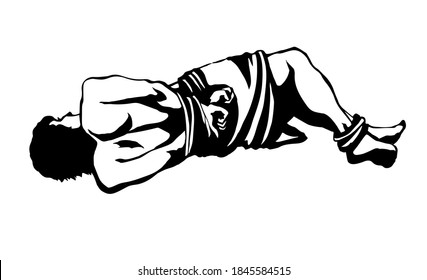 Closeup behind view ancient stress adult restrict string lie arm. Vintage line black drawn evil assault illegal buy struggle block ban trade guilt help concept icon sign. Retro white art cartoon style