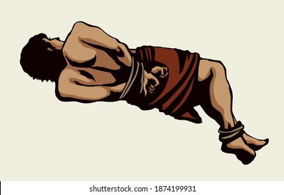 Closeup behind view ancient stress adult restrict string lie arm. Vintage line black drawn evil assault illegal buy struggle block ban trade guilt help concept icon sign. Retro white art cartoon style