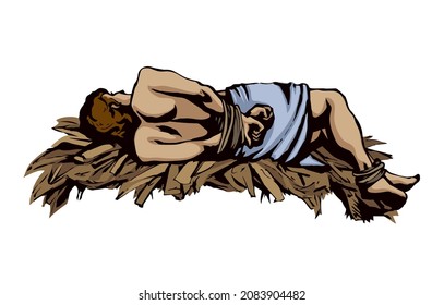Closeup behind view ancient stress adult restrict string lie arm. Vintage line black drawn evil assault illegal buy struggle block ban trade guilt help concept icon sign. Retro white art cartoon style