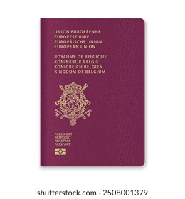 Nahaufnahme eines belgischen Passdeckels mit goldenem Text und Emblem auf violettem Hintergrund.