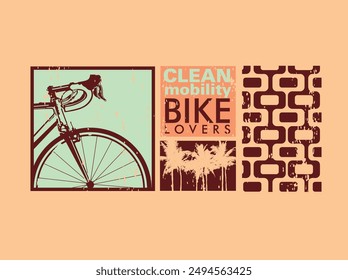 Close-up bicycle silhouette illustration with lettering about mobility and ecology. Art with graphic representation of the sidewalk on Ipanema beach, Rio de Janeiro, Brazil.