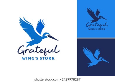 Closeup of a bird in flight with grateful wing's stork text. Suitable for inspirational quotes, nature-themed designs, and greeting cards.