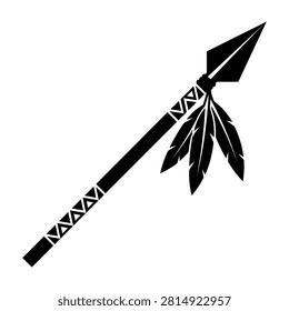 Closeup of a black arrow with feathers and tribal patterns on shaft and fletching