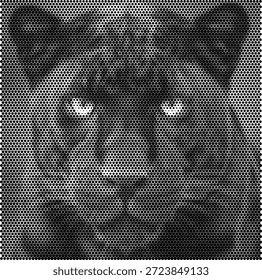Close-up of a black cat's face with piercing eyes, rendered in a moody halftone technique. This mysterious feline illustration captures intrigue and elegance with atmospheric depth. Perfect for pet food packaging, mystery novel covers, and Halloween themed designs. Ideal for dark aesthetic projects. High-quality vector for easy scaling and dramatic effects.