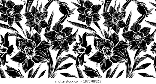 Closeup black daffodil seamless pattern drawn by hand on white background. Ink freehand floral ornate spotted black and white vector. Perfect for textile, fabric, bedding, wallpaper.