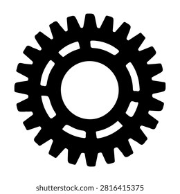 Close-up of a black gear wheel symbolizing machinery, engineering, and mechanical systems with detailed teeth and central hole.