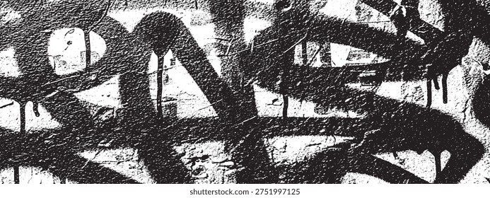 Close-up of black graffiti tags and drips on a rough, textured concrete wall