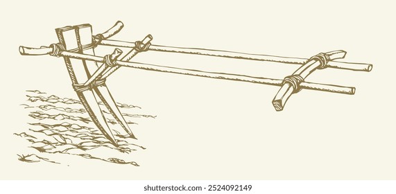 Closeup mão preta desenhada asiático indiano touro boi puxar jugo cortar escavação furrow trabalho dispositivo. Fechar-se histórico enferrujado ferro metal lâmina cavalo ícone de mão de obra símbolo história retro idade arte linha esboço branco céu
