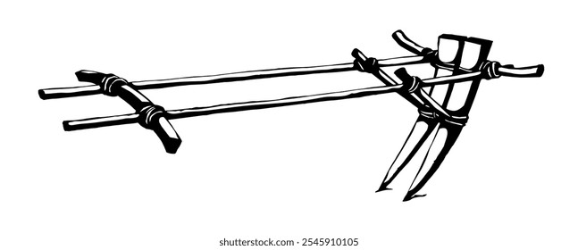 Closeup mão preta desenhada asiático indiano touro boi puxar jugo cortar escavação furrow trabalho dispositivo. Fechar-se histórico enferrujado ferro metal lâmina cavalo ícone de mão de obra símbolo história retro idade arte linha esboço branco céu