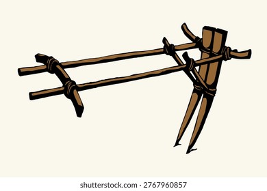 Closeup black hand drawn Asian Indian bull ox pull yoke cut dig furrow job device. Close up historic rusty iron metal blade horse pet labor icon sign symbol history retro age art line sketch white sky