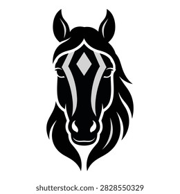 Closeup of a black horse head with white lines and diamond shape on face, looking straight ahead