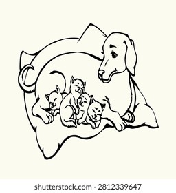 Closeup black ink hand drawn funny young small newborn wild furry tail sit lay dream suck eat drink milk food old retro line art style. Close up view joy big rural mom adopt fur fun nature sign icon calm white farm home floor seat pillow text space