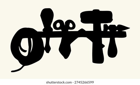 Closeup black ink pen line hand drawn built demolite impact steel iron metal maul hitter axe hit build toolkit labor logo emblem outline art doodle style. Close up view old retro ruler fix cut home device kit set shelf white storage wall text space