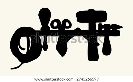 Closeup black ink pen line hand drawn built demolite impact steel iron metal maul hitter axe hit build toolkit labor logo emblem outline art doodle style. Close up view old retro ruler fix cut home device kit set shelf white storage wall text space