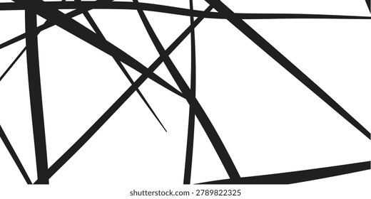 Close-up of black metal rods intersecting at various angles on a white background