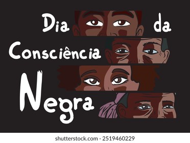 Close-up of black people's faces. Black Awareness Day written in Portuguese. Brazilian holiday. Isolated on black background