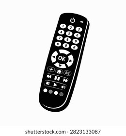Close-up of a black remote control with backlit power and OK buttons on a plain background