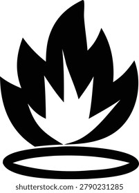 Close-up of a black silhouette depicting a campfire with stylized flames rising from a circular base, ideal for camping and outdoor-themed designs.