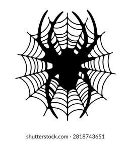 Close-up of a black spider web with intricate pattern on a white background, emphasizing the detailed structure and symmetry of the web.