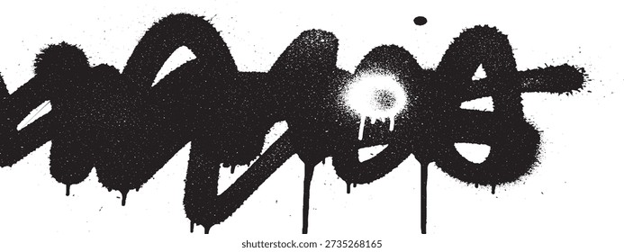 A close-up of a black spray paint graffiti tag, featuring thick, flowing lines and prominent drips.
