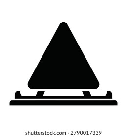 Closeup of a black triangle road sign on a reflective base, isolated on white background