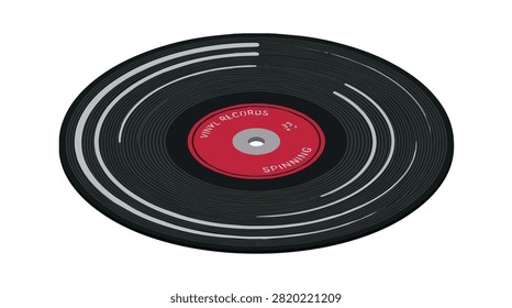 Close-up of black vinyl record with red label and white grooves on dark background depicting musical playback and vintage audio equipment aesthetic