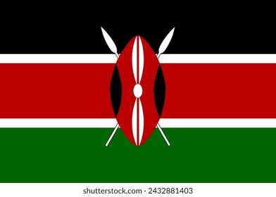 Close-up of black, white, red and green national flag of African country of Kenya with shield and spears. Illustration made February 14th, 2024, Zurich, Switzerland.