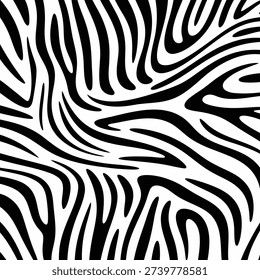 Close-up of a black and white zebra print pattern with wavy stripes on a white background, perfect for design and textile use.