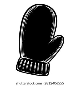 Close-up of a black winter mitten with ribbed cuff, isolated on a white background, suitable for cold weather clothing and accessories themes.